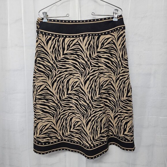 Silkland Tan Black Animal Print Pleated A-Line Skirt Tribal Safari Office 6 - Picture 6 of 14